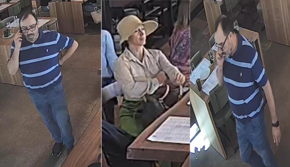 Three-photo collage of suspects. The left and right images contain male suspect with a dark blue polo shirt with light blue stripes, jeans and black and white athletic shoes. The male is standing inside a restaurant on the phone and wears black framed glasses. The center image contains a woman seated at a table wearing a tan wide-brimmed had, tan button-up blouse and olive green bottoms. 